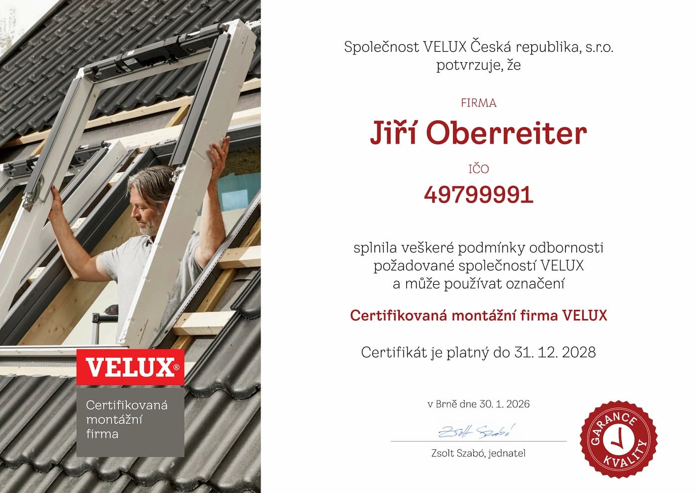 Náhled certifikátu VELUX pro firmu Jiří Oberreiter